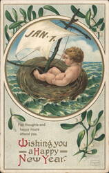 Cherubic baby in bird's nest boat with "JAN. 1." sail, New Year's greeting Postcard