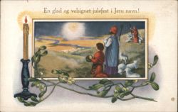 Christmas Shepherds, Bethlehem Star, Mistletoe, Norwegian Greeting Postcard