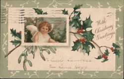 Christmas Greetings Angel with Holly and Mistletoe Postcard