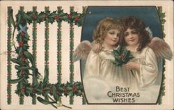 Two Young Angels, Holly & Mistletoe, Best Christmas Wishes Postcard