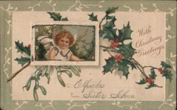 Christmas Greetings with Child Angel, Holly, and Mistletoe Postcard
