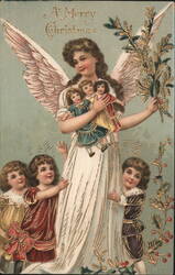 Christmas Angel Holding Children with Holly Branch Postcard