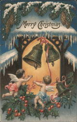Merry Christmas Cherubs Ringing Bells, Holly, and Snow Postcard