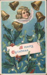 Angel Cherub with Bells, Holly, Mistletoe, A Merry Christmas Postcard