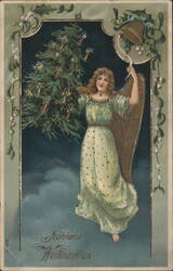 Angel with Christmas Tree and Candles, Fröhliche Weihnachten Postcard