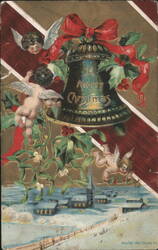 Christmas Bell with Cherubs, Holly, and Snowy Village Postcard