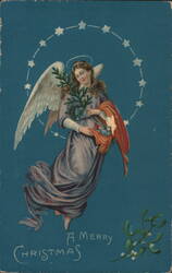 Angel with Evergreen Sprig, Halo and Stars, A Merry Christmas Postcard