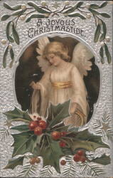 A Joyous Christmastide Angel with Harp, Mistletoe & Holly Postcard