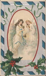 Angels with Bells, Mistletoe, and Holly for a Glad Christmas Greeting Postcard