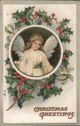 Christmas Greetings Angel in Holly Wreath Postcard