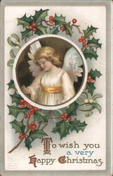 Angel in Holly Wreath with Happy Christmas Greeting Postcard