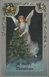 Angel Decorating Christmas Tree with Candles, Holly & Bells Border Postcard