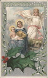 Madonna and Child with Angel, Holly and Mistletoe Border, A Happy Christmas Postcard