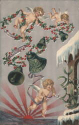 Angels with Holly Garland and Bells, A Merry Christmas Postcard