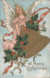 Angel with Bell and Holly, A Merry Christmas Greeting Postcard
