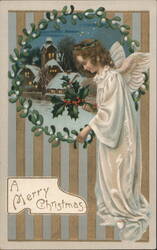 Angel with Holly and Mistletoe Wreath, Snowy Village, Merry Christmas Postcard