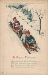 Children Sledding Down Snowy Hill, A Joyous Christmas Greeting Postcard