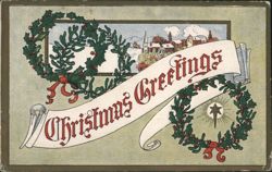 Christmas Greetings Banner with Holly Wreaths and Winter Village Scene Postcard