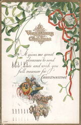 Mistletoe & Horse-Drawn Carriage Christmas Greeting Postcard