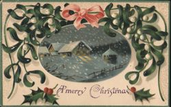 Snowy Village with Mistletoe and Pink Bow for Christmas Greeting Postcard
