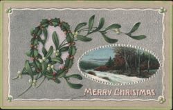 Mistletoe Wreath and Winter Landscape Merry Christmas Greeting Postcard