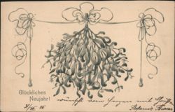 Art Nouveau Mistletoe and Bows, Happy New Year 1904-1905 Postcard