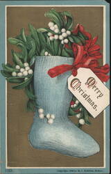 Blue Boot Christmas Stocking with Mistletoe and Merry Christmas Tag Postcard