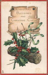 Christmas Blessings & Cheer with Holly, Mistletoe & Log Postcard