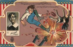 Fotograph your boy before the 4th of July: comic firecracker explosion Postcard