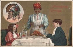 Thanksgiving Greetings with Woman Serving Turkey to Children Postcard