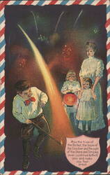 Boy Lighting Firework Rocket, Family Watching 4th of July Celebration Postcard