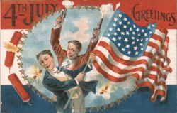 4th of July Greetings with Men Firing Revolvers and American Flag Postcard