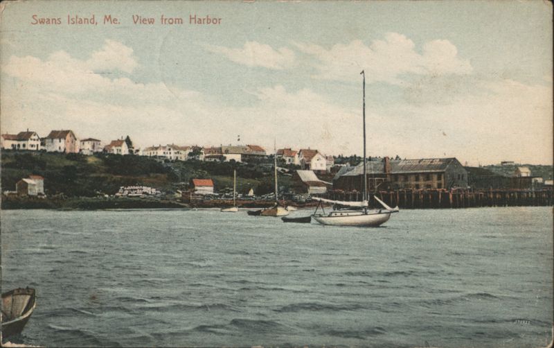 Swans Island, ME, View from Harbor with Sailboats Maine