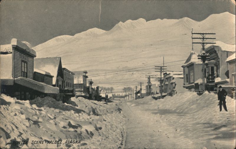 Winter Scene Valdez, Alaska - Snow Covered Street & Mountains