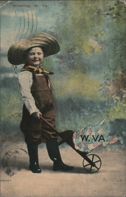 Child in Straw Hat Pushing WV Map Wheelbarrow Wheeling West Virginia