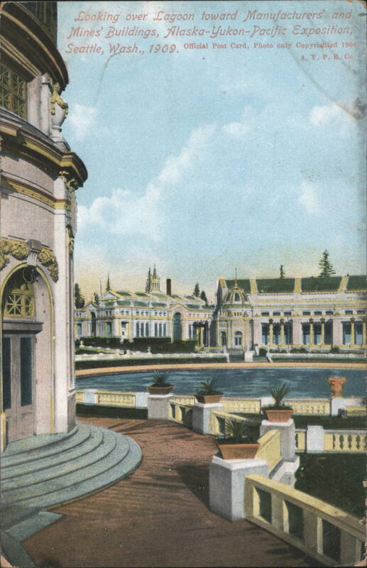Lagoon toward Manufacturers' and Mines' Buildings, A-Y-P Exposition Seattle Washington