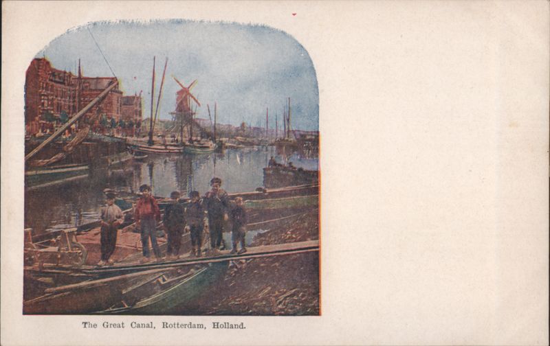 Great Canal, Rotterdam, Holland - Children, Boats, Windmill Netherlands