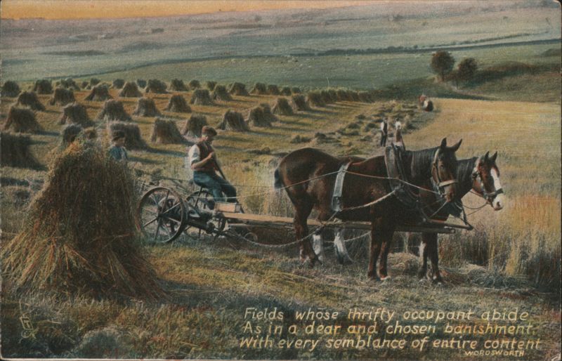 Harvest Scene with Haystacks, Horses, Wordsworth Quote
