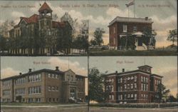 Devils Lake ND Buildings: Court House, Weather, Ward, High School Postcard