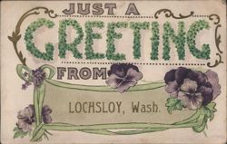 Just a Greeting from Lochsloy, WA with Clover Letters & Pansies Postcard