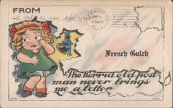 Crying Girl, Postman, 'Never brings me a letter' Cartoon Postcard