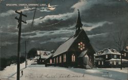 Episcopal Church, Saranac Lake, NY, Winter Night Scene Postcard
