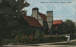 Hoyt Library with Hollyhocks Postcard