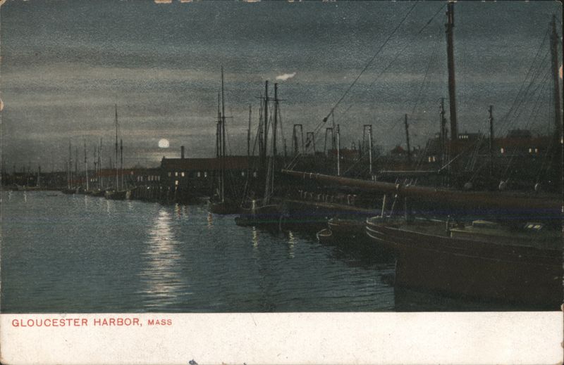 Gloucester Harbor at Night, Moonlit Ships Massachusetts