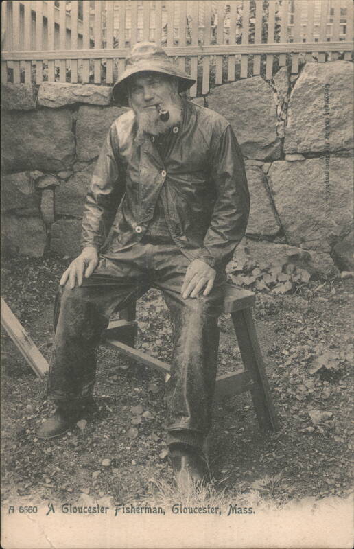 Gloucester Fisherman in Rain Gear Smoking Pipe Massachusetts