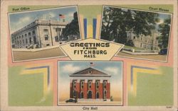 Fitchburg MA Post Office, Court House, City Hall Postcard