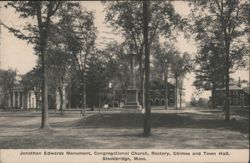 Jonathan Edwards Monument, Congregational Church, Town Hall Postcard
