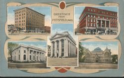 Pittsfield MA: Hotel Wendell, New American, Post Office, Bank, Library Postcard