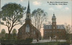 St. Mary's Church and School, City Hall Sq., Lynn, MA Postcard