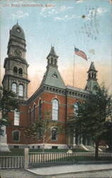City Hall, Clock Tower, American Flag Postcard